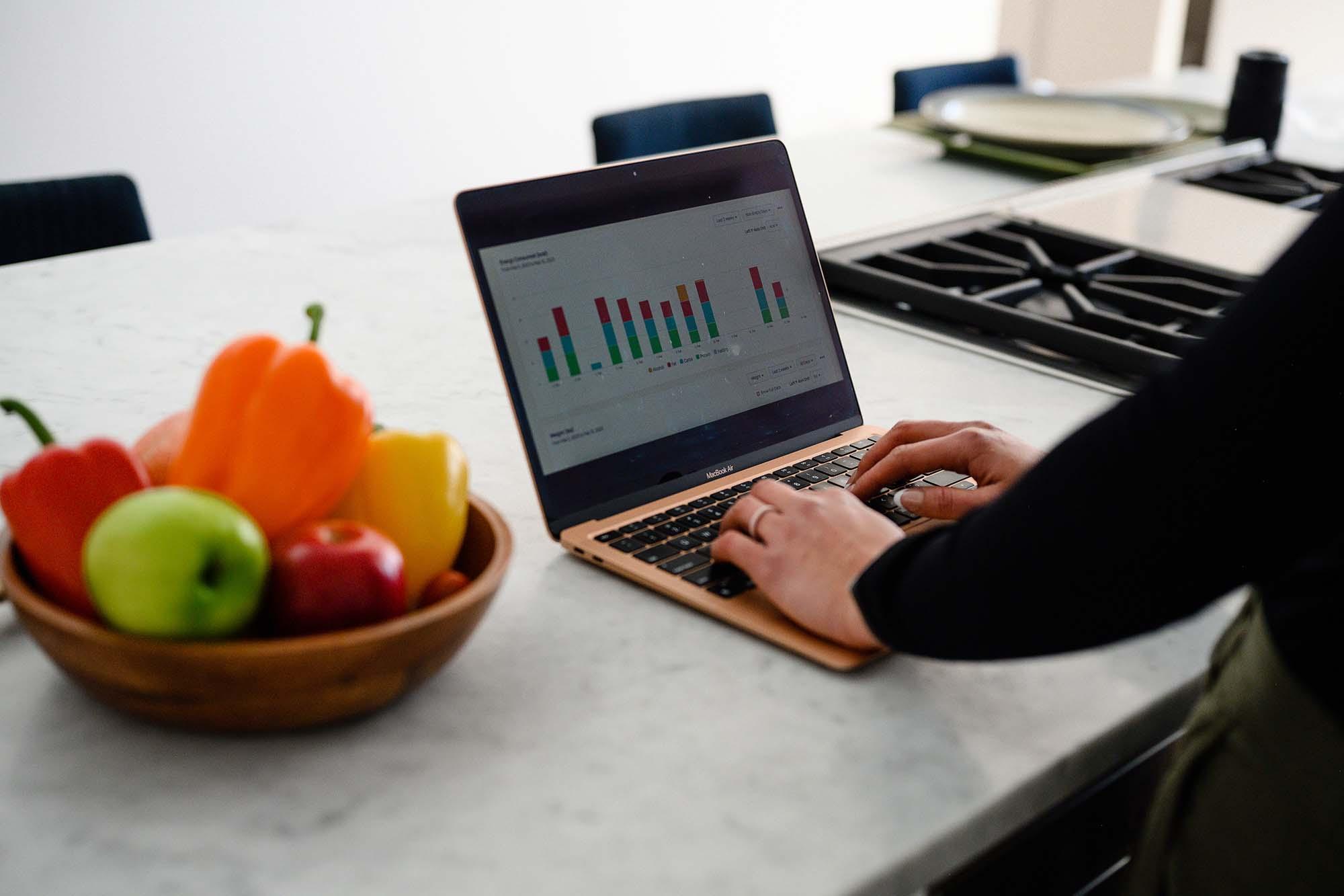Picture of Michelle reviewing nutrition charts on a computer